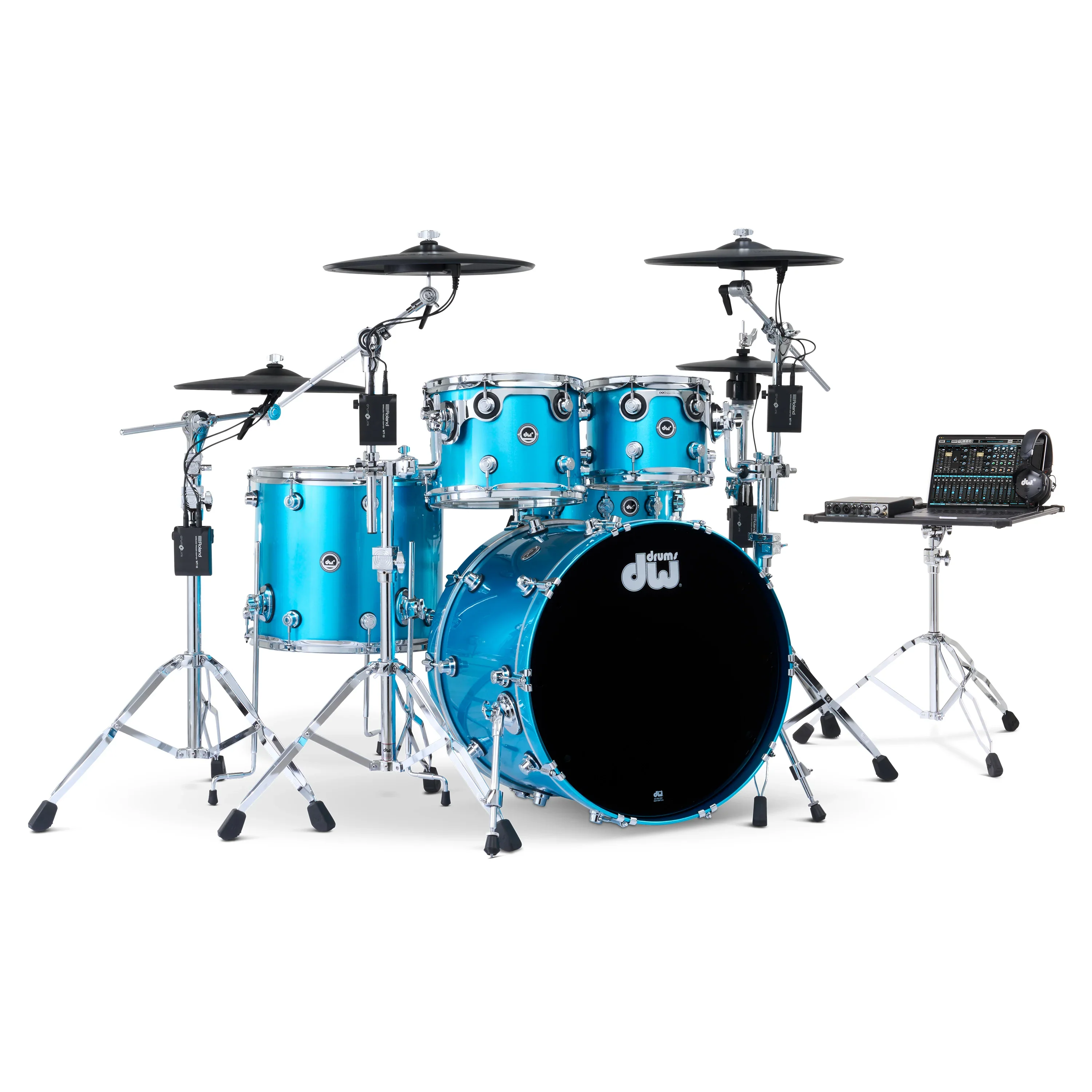 DWe 5-piece Kit Bundle with Roland Cymbals, Hardware & Soundworks - Laser Blue Metallic - Image 5