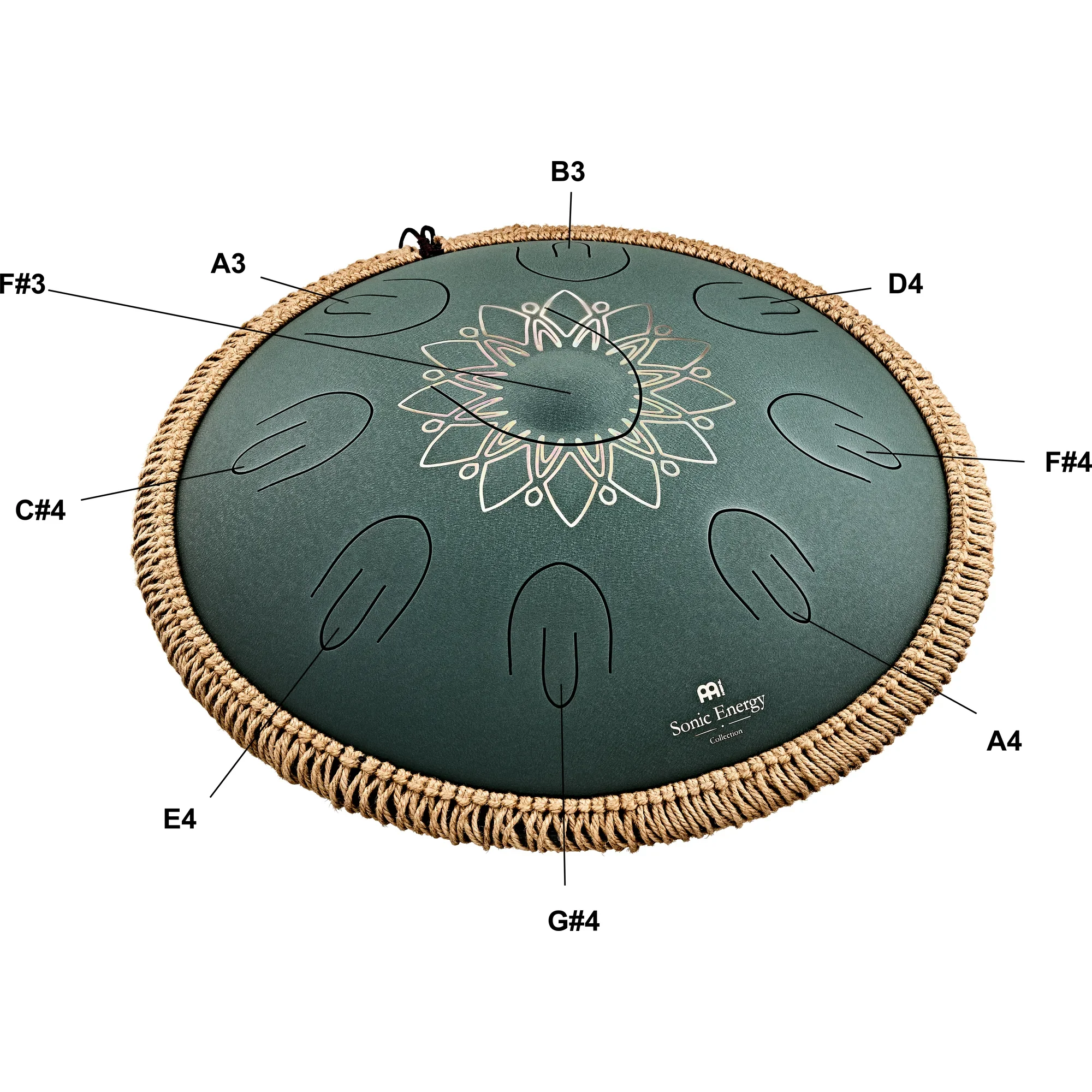 Meinl Sonic Energy Octave Steel Tongue Drum F# Minor Dark Green Engraved floral design - Image 4
